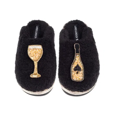 Laines London Women's Black / Gold Teddy Closed Toe Slippers With Ace Of Champagne Brooches - Black In Multi