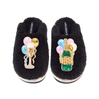 Laines London Women's Black / Gold Teddy Closed Toe Slippers With Birthday Bubbles Brooches - Black In Multi
