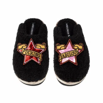 Laines London Women's Black / Gold Teddy Closed Toe Slippers With Pink & Red Fucking Fabulous Brooches - Black In Multi