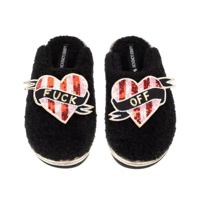 Laines London Women's Black / Gold Teddy Closed Toe Slippers With Pink & Red Stripe Fuck Off Brooches - Black In Multi