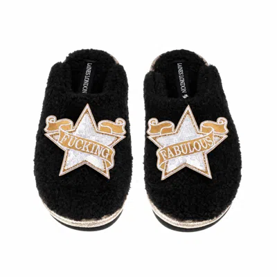 Laines London Women's Black / Gold Teddy Closed Toe Slippers With White & Gold Fucking Fabulous Brooches - Black In Multi
