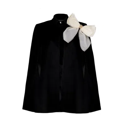 Laines London Women's Black / Neutrals / White Laines Couture Wool Blend Cape With Embellished Cream & Gold Bow -  In Multi