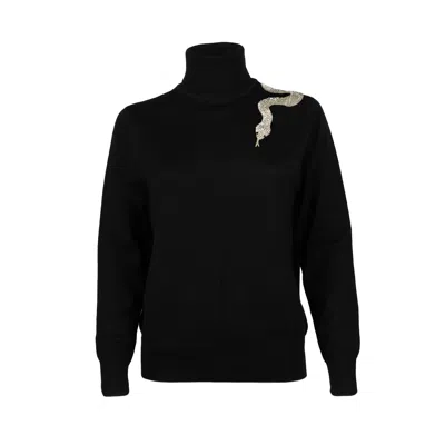 Laines London Women's Black / Silver Laines Couture Embellished Silver Shoulder Snake Knitted Roll Neck Jumper - B