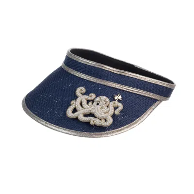Laines London Women's Black Straw Woven Visor With Beaded Octopus Brooch - Navy In Blue