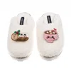 Laines London Women's Black Teddy Closed Toe Slippers With Christmas Yule Log & Hot Chocolate Brooches - Cream In White
