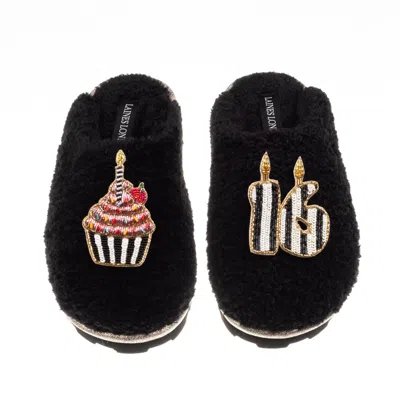 Laines London Women's Black Teddy Closed Toe Slippers With Stripe 16th Birthday & Cake Brooches