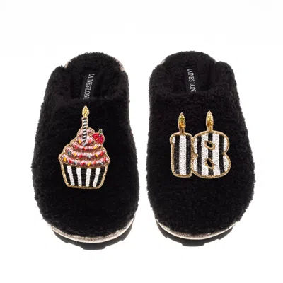 Laines London Women's Black Teddy Closed Toe Slippers With Stripe 18th Birthday & Cake Brooches