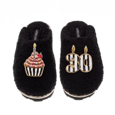 Laines London Women's Black Teddy Closed Toe Slippers With Stripe 30th Birthday & Cake Brooches