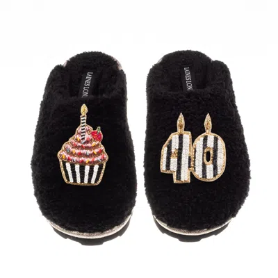 Laines London Women's Black Teddy Closed Toe Slippers With Stripe 40th Birthday & Cake Brooches