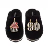 Laines London Women's Black Teddy Closed Toe Slippers With Stripe 50th Birthday & Brooches In Black