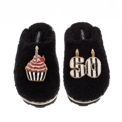 Laines London Women's Black Teddy Closed Toe Slippers With Stripe 50th Birthday & Brooches
