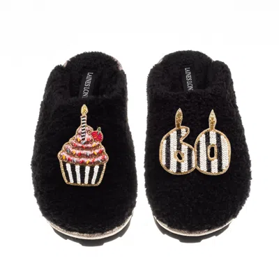 Laines London Women's Black Teddy Closed Toe Slippers With Stripe 60th Birthday & Brooches