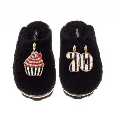 Laines London Women's Black Teddy Closed Toe Slippers With Stripe 70th Birthday & Brooches