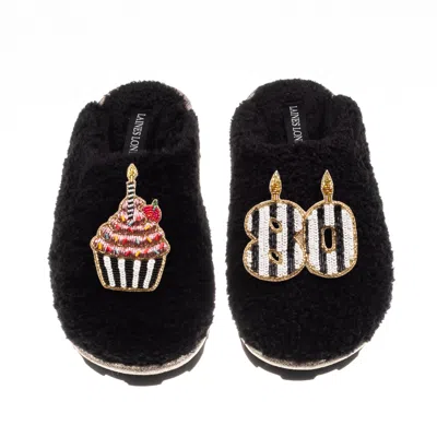 Laines London Women's Black Teddy Closed Toe Slippers With Stripe 80th Birthday & Brooches