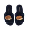 Laines London Women's Black Teddy Toweling Slipper Sliders With Double Hedgehog Brooches - Navy In Black