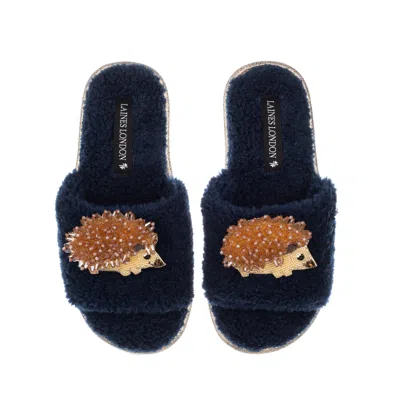 Laines London Women's Black Teddy Toweling Slipper Sliders With Double Hedgehog Brooches - Navy