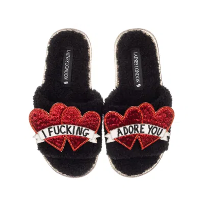 Laines London Women's Black Teddy Towelling Slipper Sliders With I Fucking Adore You Brooches
