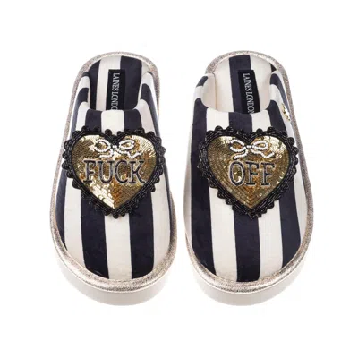 Laines London Women's Black / White Flatform Stripe Closed Toe Slippers With Black & Gold Fuck Off Brooches - Blac