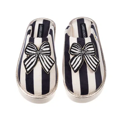 Laines London Women's Black / White Flatform Stripe Closed Toe Slippers With Black Stripe Bow Brooches In Neutral