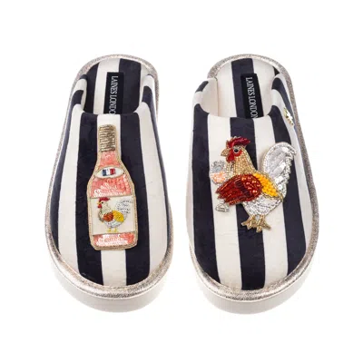 Laines London Women's Black / White Flatform Stripe Closed Toe Slippers With Chicken Wine Brooches In Multi