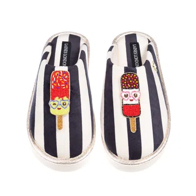 Laines London Women's Black / White Flatform Stripe Closed Toe Slippers With Cute Ice Lolly Brooches - Black & Whi In Gold
