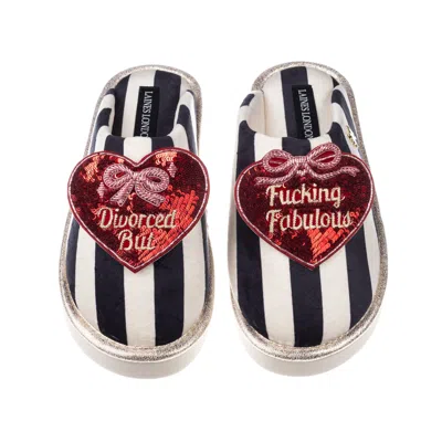 Laines London Women's Black / White Flatform Stripe Closed Toe Slippers With Divorced But... Brooches - Black & Wh