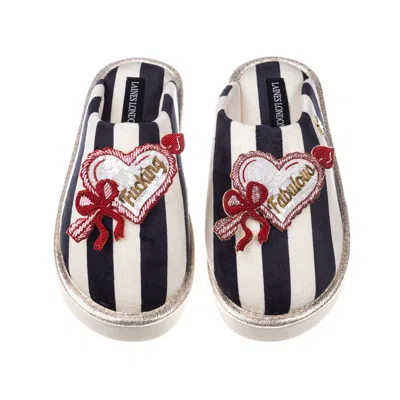 Laines London Women's Black / White Flatform Stripe Closed Toe Slippers With Fucking Fabulous Heart Brooches - Bla In Multi