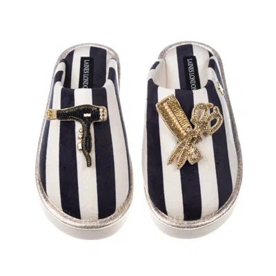 Laines London Women's Black / White Flatform Stripe Closed Toe Slippers With Hairdresser Brooches In Multi