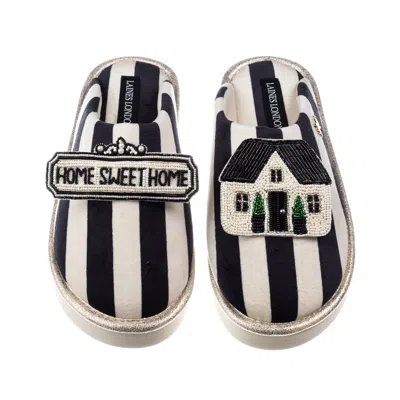 Laines London Women's Black / White Flatform Stripe Closed Toe Slippers With Home Sweet Home Brooches - Black & Wh In Black/white