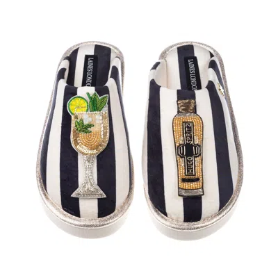 Laines London Women's Black / White Flatform Stripe Closed Toe Slippers With Hugo Spritz Brooches In Multi