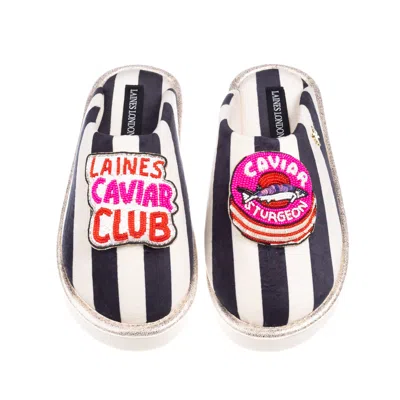 Laines London Women's Black / White Flatform Stripe Closed Toe Slippers With Laines Caviar Club Brooches - Black & In Multi