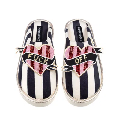 Laines London Women's Black / White Flatform Stripe Closed Toe Slippers With Pink & Red Stripe Fuck Off Heart Broo In Black/white