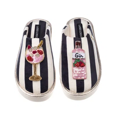 Laines London Women's Black / White Flatform Stripe Closed Toe Slippers With Pink Gin Brooches In Multi