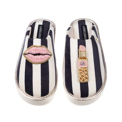 Laines London Women's Black / White Flatform Stripe Closed Toe Slippers With Pink Lips & Lipstick Brooches