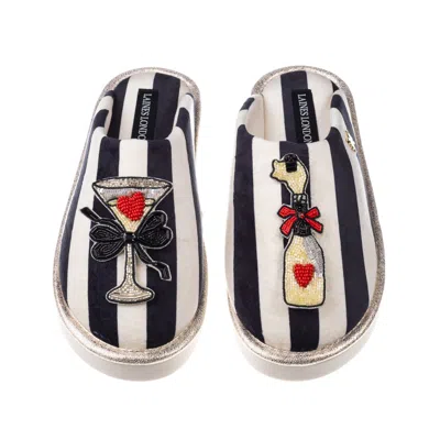 Laines London Women's Black / White Flatform Stripe Closed Toe Slippers With Popping Champagne Brooches In Multi