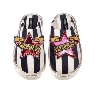 Laines London Women's Black / White Flatform Stripe Closed Toe Slippers With Red & Pink Fucking Fabulous Brooches  In Multi