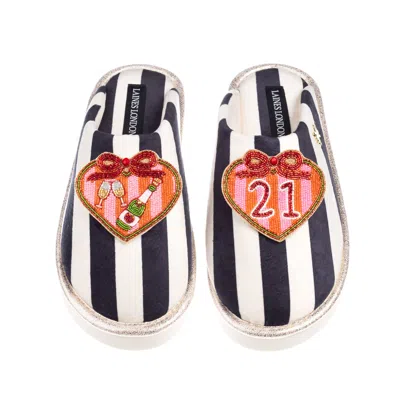 Laines London Women's Black / White Flatform Stripe Closed Toe Slippers With Stripe Heart 21st Birthday Brooches - In Multi