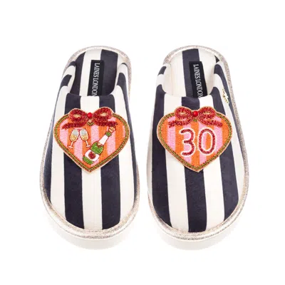 Laines London Women's Black / White Flatform Stripe Closed Toe Slippers With Stripe Heart 30th Birthday Brooches - In Multi