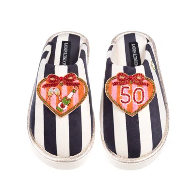 Laines London Women's Black / White Flatform Stripe Closed Toe Slippers With Stripe Heart 50th Birthday Brooches - In Multi