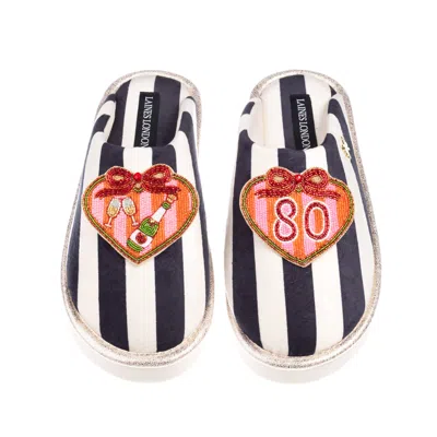Laines London Women's Black / White Flatform Stripe Closed Toe Slippers With Stripe Heart 80th Birthday Brooches - In Multi