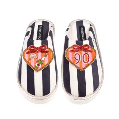 Laines London Women's Black / White Flatform Stripe Closed Toe Slippers With Stripe Heart 90th Birthday Brooches - In Multi