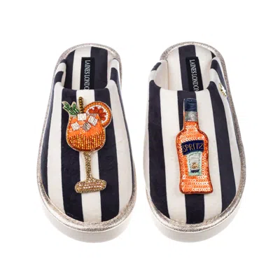 Laines London Women's Black / White Flatform Stripe Closed Toe Slippers With Summer Spritz Brooches In Multi