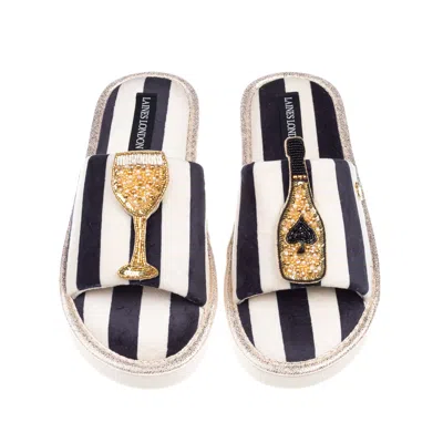 Laines London Women's Black / White Flatform Stripe Open Toe Slippers With Ace Of Champagne Brooches - Black & Whi