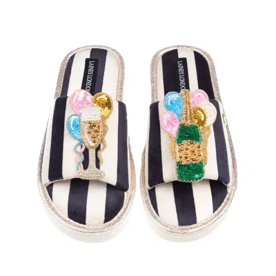 Laines London Women's Black / White Flatform Stripe Open Toe Slippers With Birthday Bubbles Brooches - Black & Whi In Multi