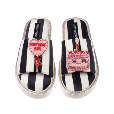 Laines London Women's Black / White Flatform Stripe Open Toe Slippers With Birthday Girl Brooches In Multi