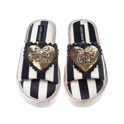 Laines London Women's Black / White Flatform Stripe Open Toe Slippers With Black & Gold Fuck Off Brooches - Black  In Multi