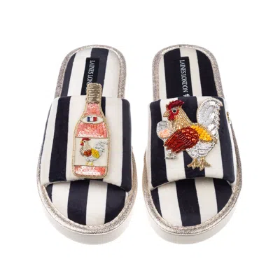 Laines London Women's Black / White Flatform Stripe Open Toe Slippers With Chicken Wine Brooches In Multi