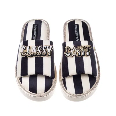 Laines London Women's Black / White Flatform Stripe Open Toe Slippers With Classy C*nt Brooches - Black & White