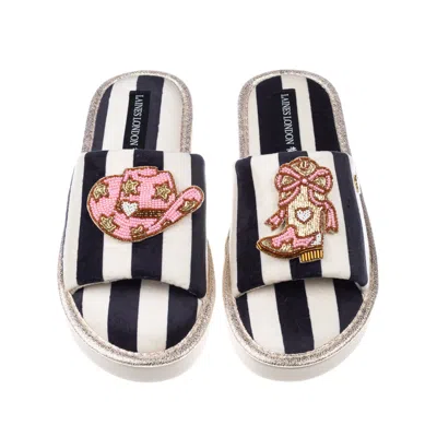 Laines London Women's Black / White Flatform Stripe Open Toe Slippers With Cowgirl Hat & Cowgirl Boots Brooches In Multi