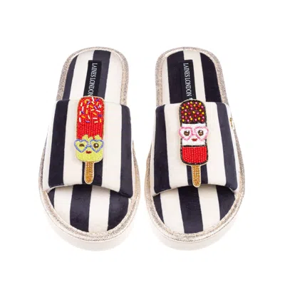 Laines London Women's Black / White Flatform Stripe Open Toe Slippers With Cute Ice Lolly Brooches - Black & White In Metallic